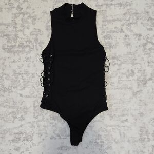Black Sleeveless Bodysuit with Lace-Up Sides